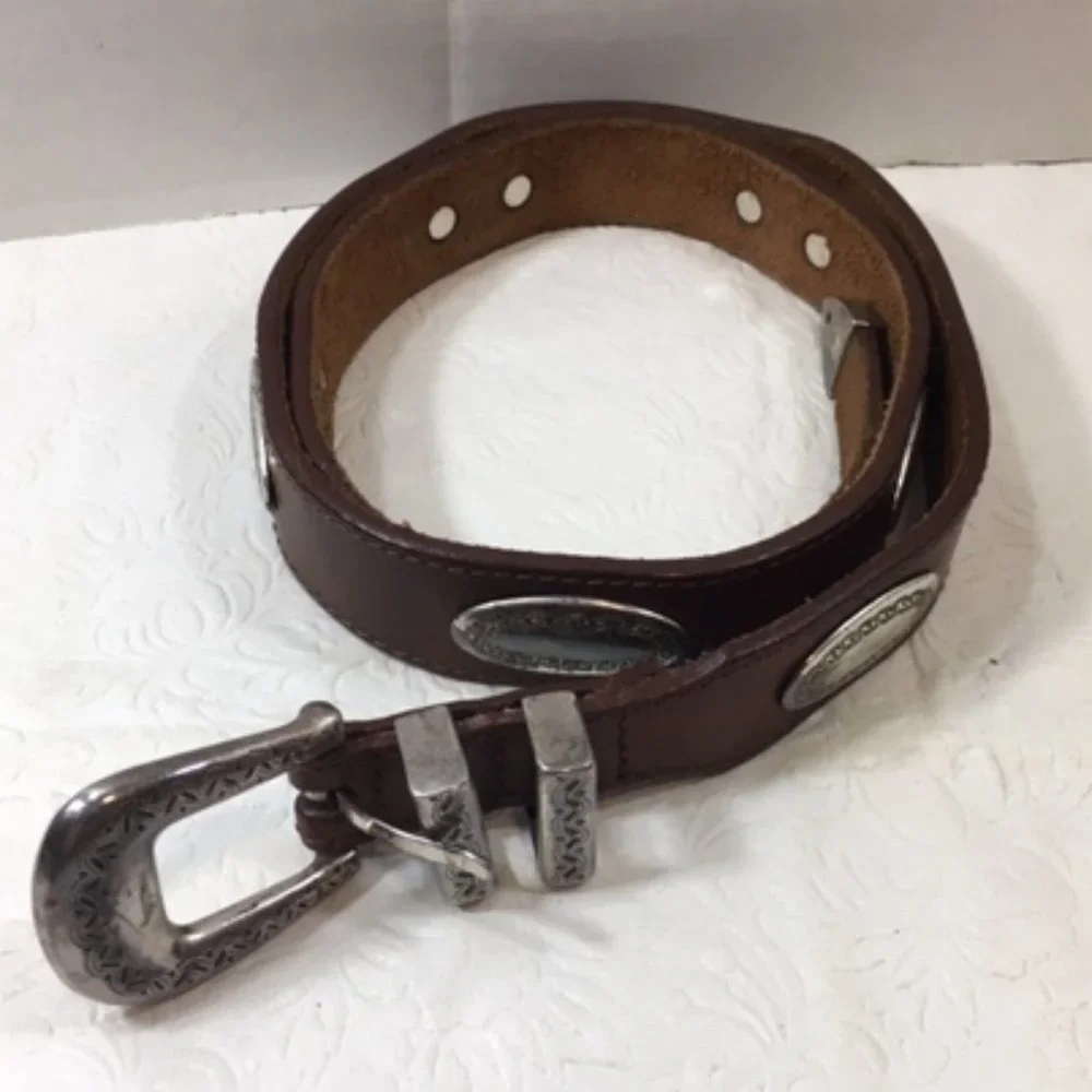 Langu Leather Brown Belt Silver Toned Engraved Ornaments